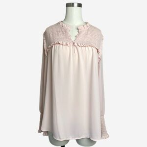 Loft NWT Pink smocked yoke ruffle blouse long sleeve coquette preppy feminine L